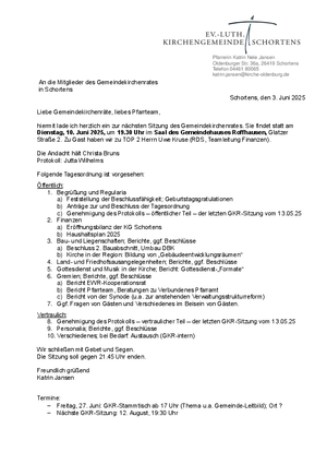 Einladung und Tagesordnung zur GKR-Sitzung am 10.06.2025