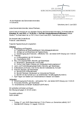 Einladung und Tagesordnung zur GKR-Sitzung am 10.06.2025
