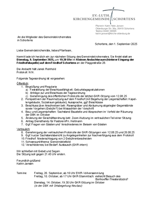 Tagesordnung der GKR-Sitzung am 9.9.2025