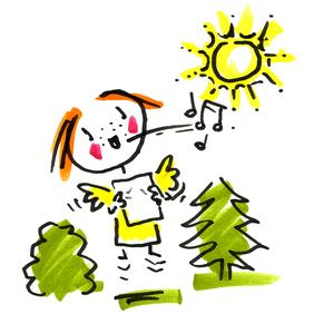 Ein gezeichneter Engel, der singt; daneben zwei grüne Bäume und darüber eine gelbe Sonne