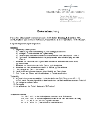 Einladung zur GKR-Sitzung am 9.12.2025, KG Schortens