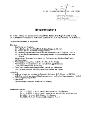 Einladung zur GKR-Sitzung am 9.12.2025, KG Schortens