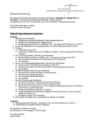 Tagesordnung der GKR-Sitzung am 12.8.25