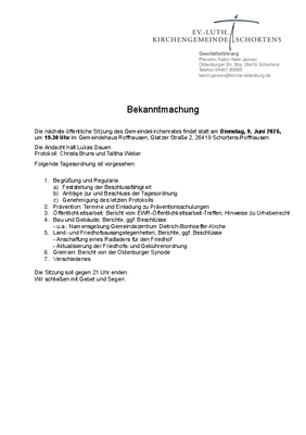 Tagesordnung der GKR-Sitzung am 9.6.2026 in Schortens