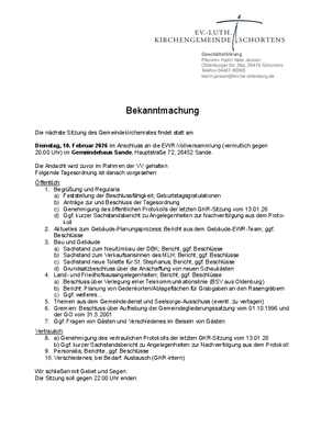 Tagesordnung der GKR-Sitzung der KG Schortens am 10.2.2026