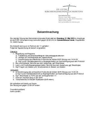 Einladung zur GKR-Sitzung der KG Schortens am 12. Mai 2026