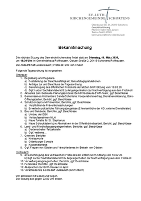 Tagesordnung der Gemeindekirchenratssitzung am 10.3.26 in Schortens