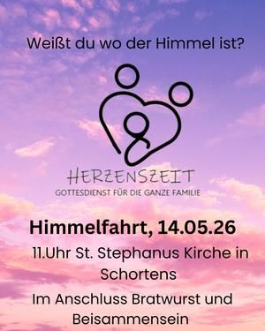 Einladung zum Gottesdienst: Herzenszeit, ein Gottesdienst für die ganze Familie - am 14. Mai 2026, Himmelfahrt, um 11 Uhr in der St. Stephanus-Kirche Schortens