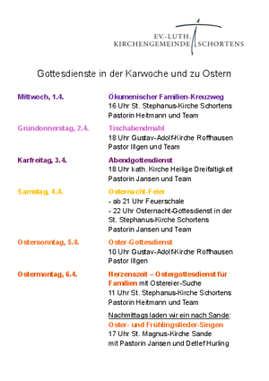 Übersicht über die Gottesdienste in der Karwoche und zu Ostern 2026 in der Kirchengemeinde Schortens