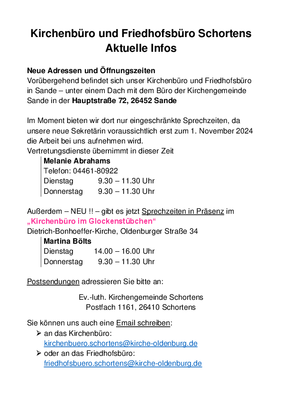 Aushang Kirchenbüro Adresse und Öffnungszeiten ab September 2024