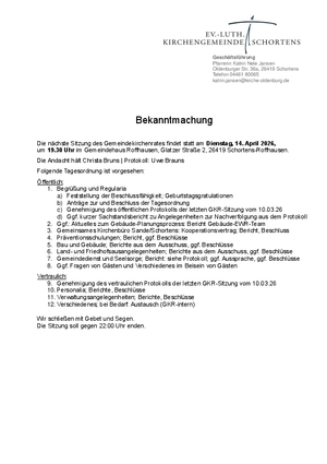 Die Tagesordnung der GKR-Sitzung am 14.4.26 in der KG Schortens