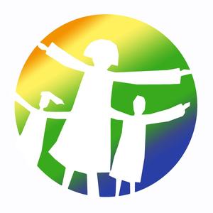 Emblem mit 3 Figuren vor Regenbogenfarben