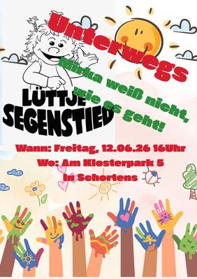 Ankündigung für "Lüttje Segenstied - Kirche für Kinder" am 12.6.2026 im Klosterpark Schortens
